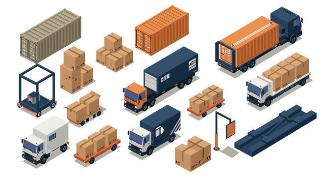 isometric collection of cargo trucks shipping containers and cardboard boxes in digital vector style