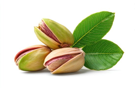 Close-up of pistachios with shells partially open, fresh green leaves on white