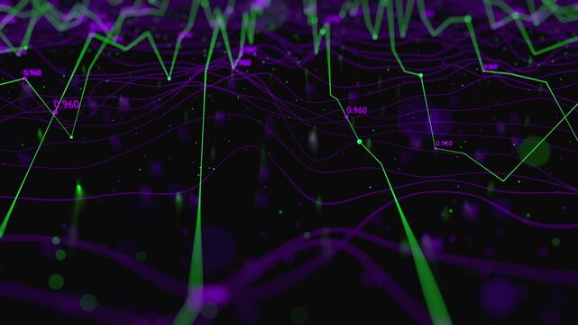 Abstract futuristic loop motion graphic featuring dynamic statistical graphs and nodes for big data analytics