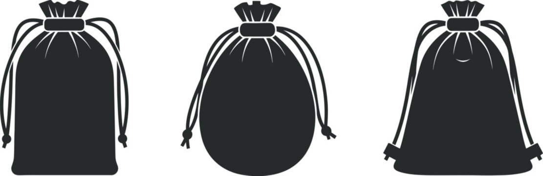 Black drawstring bags in three different views