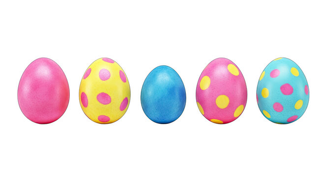 Five colorful easter eggs isolated on transparent background