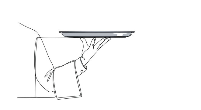 Elegant Continuous Line Art of a Waiter Holding a Serving Tray