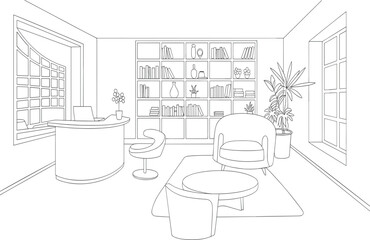 Modern executive office interior line drawing with reception desk lounge chairs bookshelf and indoor plants © Al