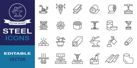 Set of steel icons. Vector illustration in modern thin line style of steel icons related to metal bar, steel tube, pipe, blacksmith, bolt, and more. © Crystal