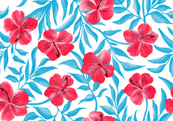 Tropical hibiscus flowers and blue leaves isolated, transparent background PNG © Five figs