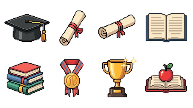 education and achievement pixel art icons set with graduation cap diploma books medal trophy and apple illustration