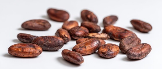 Obraz premium The Cocoa Beans Scattered on White Background for Gourmet Chocolate and Baking
