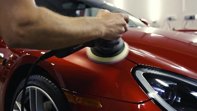 Professional Car Detailer Polishing Orange Sports Car with Orbital Polisher, Auto Detailing Service