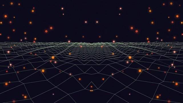 Abstract Wireframe Grid Landscape with Glowing Orange Particles on Dark Background