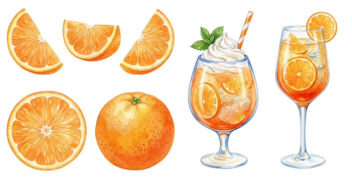 A charming watercolor collection of fresh oranges and citrus drinks, featuring sliced wedges, whole fruit, iced spritz, and mint garnish.