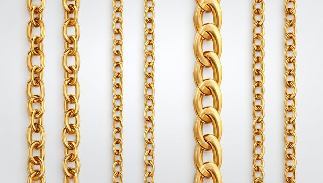 Six gleaming gold chains of varying link sizes suspended vertically