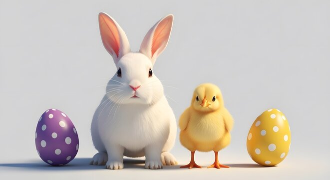 Easter friends a white rabbit and yellow chick with eggs