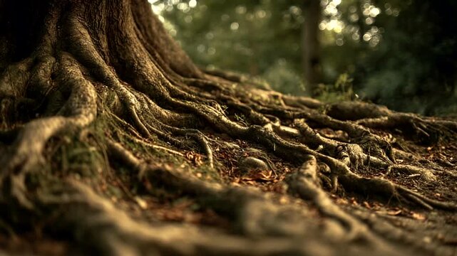 Majestic tree roots intertwining in serene forest setting