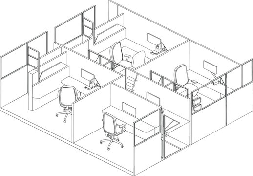 Architectural isometric office floor plan with individual cubicle workspaces desks chairs and partitioned room layout