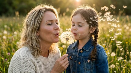Fototapeta premium Mother and daughter blowing dandelion seeds in a sunlit meadow during golden hour