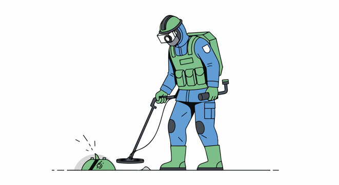 A cartoon hazmat-suited worker in green and blue protective gear using a decontamination device on a hazmat bag with a solid white background.