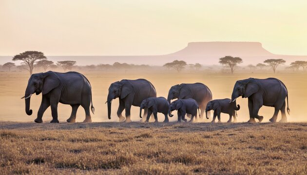African Elephant Family Walking Across Golden Savanna Landscape