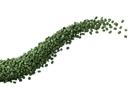 Macro shot of emerald-green, unroasted coffee beans scattering in a parabolic wave, frozen motion, highly detailed on a transparent backdrop, maximal copy space. concept for premium beverage