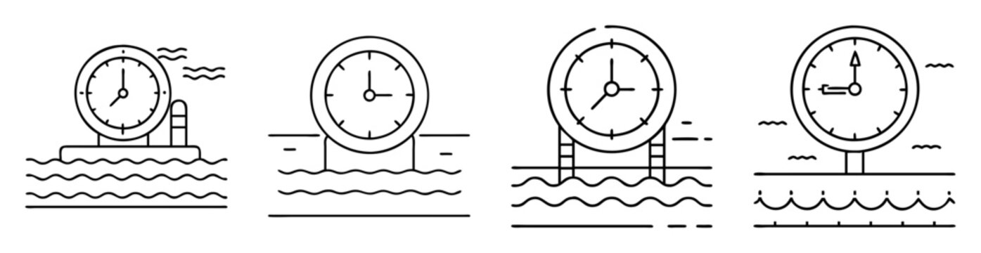 Four clocks situated over water each displaying a different time with waves