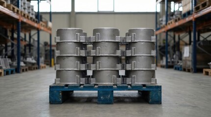 Industrial aluminum alloy castings on blue pallet in spacious warehouse with shelving racks and concrete flooring