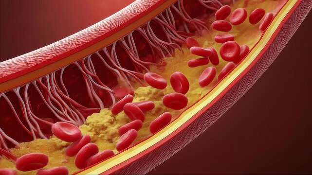 animation of vein getting clogged by fat meanwhile red blood cells are getting trouble pass through