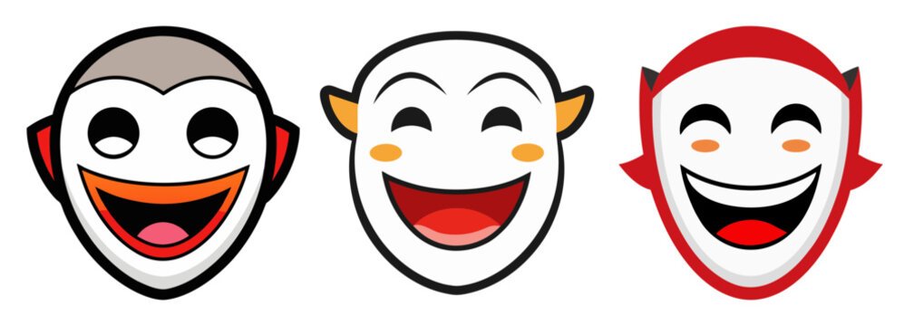 Three happy cartoon faces with expressive smiles and large grins