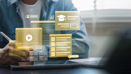 Naklejka premium Ai online learning platform for digital education, student using tablet at home, intelligent elearning system with course assessment analytics certification and training for skill development