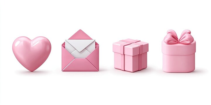 Four pink objects a heart, envelope, and two gift boxes, on white