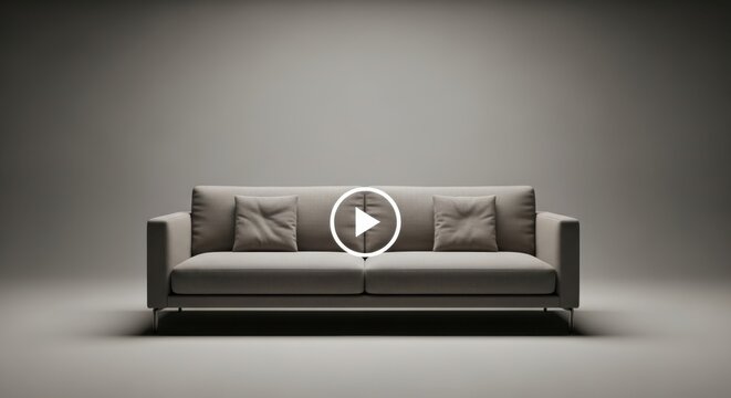A modern gray sofa with a play button overlay in a minimalist room setting viewed from the front