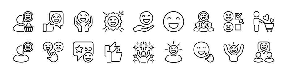 Customer feedback, satisfaction and experience icon set. Contains happy faces, smile, thumbs up, 5 stars rating review, celebrate, quality badge, survey, opinion, choose, testimonial for life events