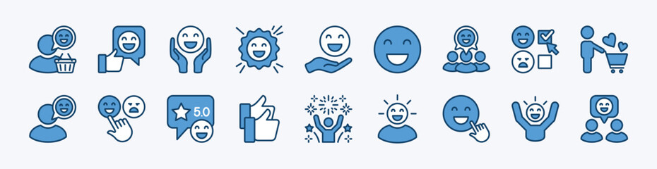 Set of customer feedback, satisfaction and experience icon. Contains happy faces, smile, thumbs up, 5 stars rating review, celebrate, quality badge, survey, opinion, choose, testimonial for life event