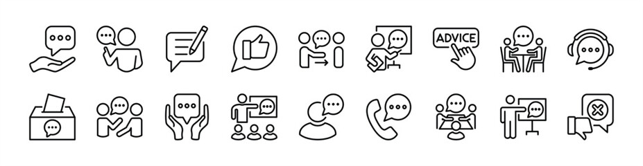 Advice, consultant, suggestion and proposal thin line icon set. Contains write, thumbs up, give, button, support, helpdesk, box, information, instruction, hot line, assistance - vector illustration