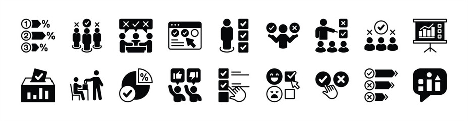 Poll and survey icon vector set. Contains ballot, graphic, percentage, feedback, opinion, questionnaire, choice, data analysis, result, approval, vote, decide, select, approve - illustration