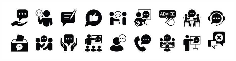Advice, consultant, suggestion and proposal icon vector set. Contains write, thumbs up, give, button, support, helpdesk, box, information, instruction, hot line, assistance - illustration
