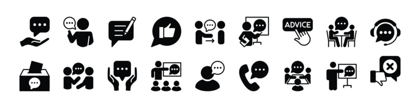 Advice, consultant, suggestion and proposal icon vector set. Contains write, thumbs up, give, button, support, helpdesk, box, information, instruction, hot line, assistance - illustration