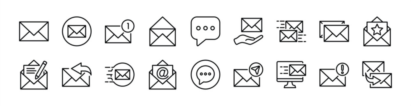 Social media message thin line icon set. Contains electronic mail, speech bubble, notification, inbox, open, write, send, reply, favorite button, information, contact, copy text - vector illustration