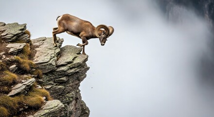 Obraz premium Mountain Ram Leaping Across Cliff Edge in Misty Alpine Landscape