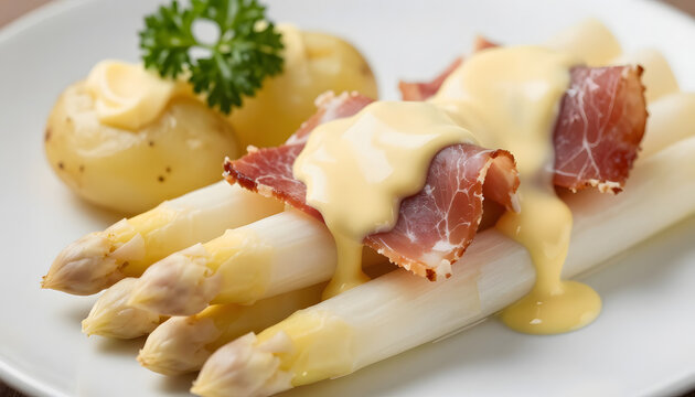 Extreme close-up macro photo of a fresh white asparagus bundle wrapped in ham and crispy bacon, served with flowing creamy hollandaise sauce, parsley, and boiled potatoes on a clean white plate. 