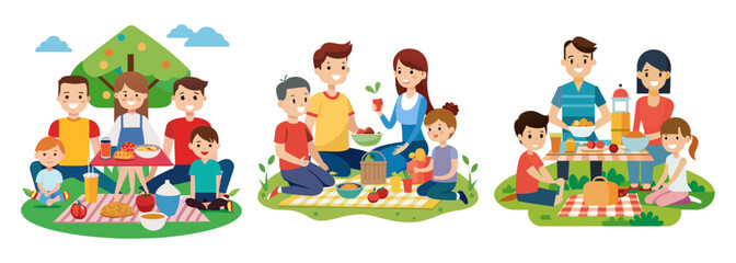 Obraz premium Happy family enjoying a cheerful picnic together in three scenes