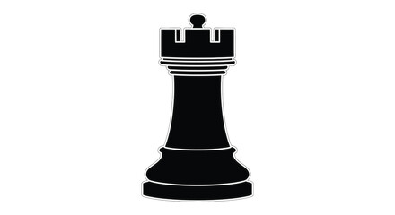 A stark black chess rook stands prominently against a white background showcasing a minimalist silhouette high quality professional detailed © RMvectors02
