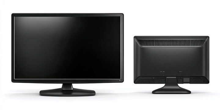 Computer monitor in black, with front and back views, showing screen & ports, on a white background