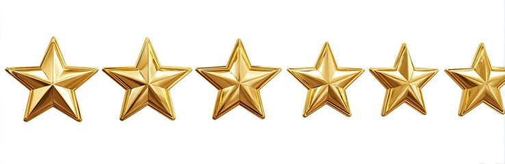 Obraz premium Six gleaming gold stars arranged in a horizontal line against a white background