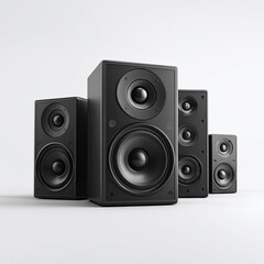 Obraz premium A collection of black, modern, multi-driver audio speakers arranged on a white background