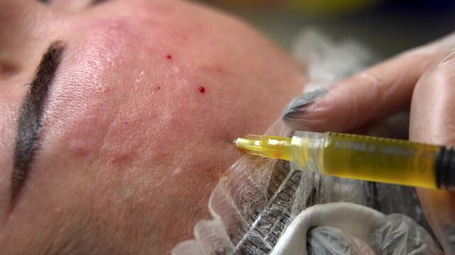 Close up of a medical procedure where a doctor injects platelet-rich plasma (PRP) into a patient face. Natural aesthetic treatment for skin rejuvenation and healing in a professional clinic