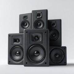 Fototapeta premium Cluster of black rectangular speakers arranged in a tiered, asymmetrical formation