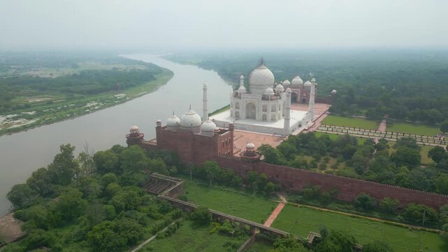 Aerial View of Agra City, Taj Mahal and Agra Fort, Uttar Pradesh, India.