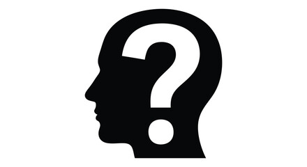 A stark black silhouette of a human head contains a prominent white question mark symbolizing uncertainty and thought silhouette