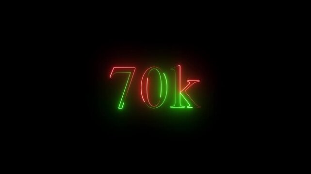 neon 70k animation on black background. 70k Followers Celebration text animation 4k motion video..
