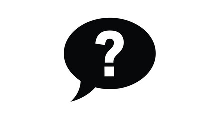 A stark black speech bubble contains a white question mark creating a visual representation of inquiry silhouette high quality