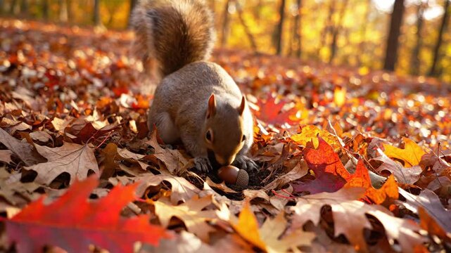 Squirrel Burying Nut in Autumn Leaves Forest
